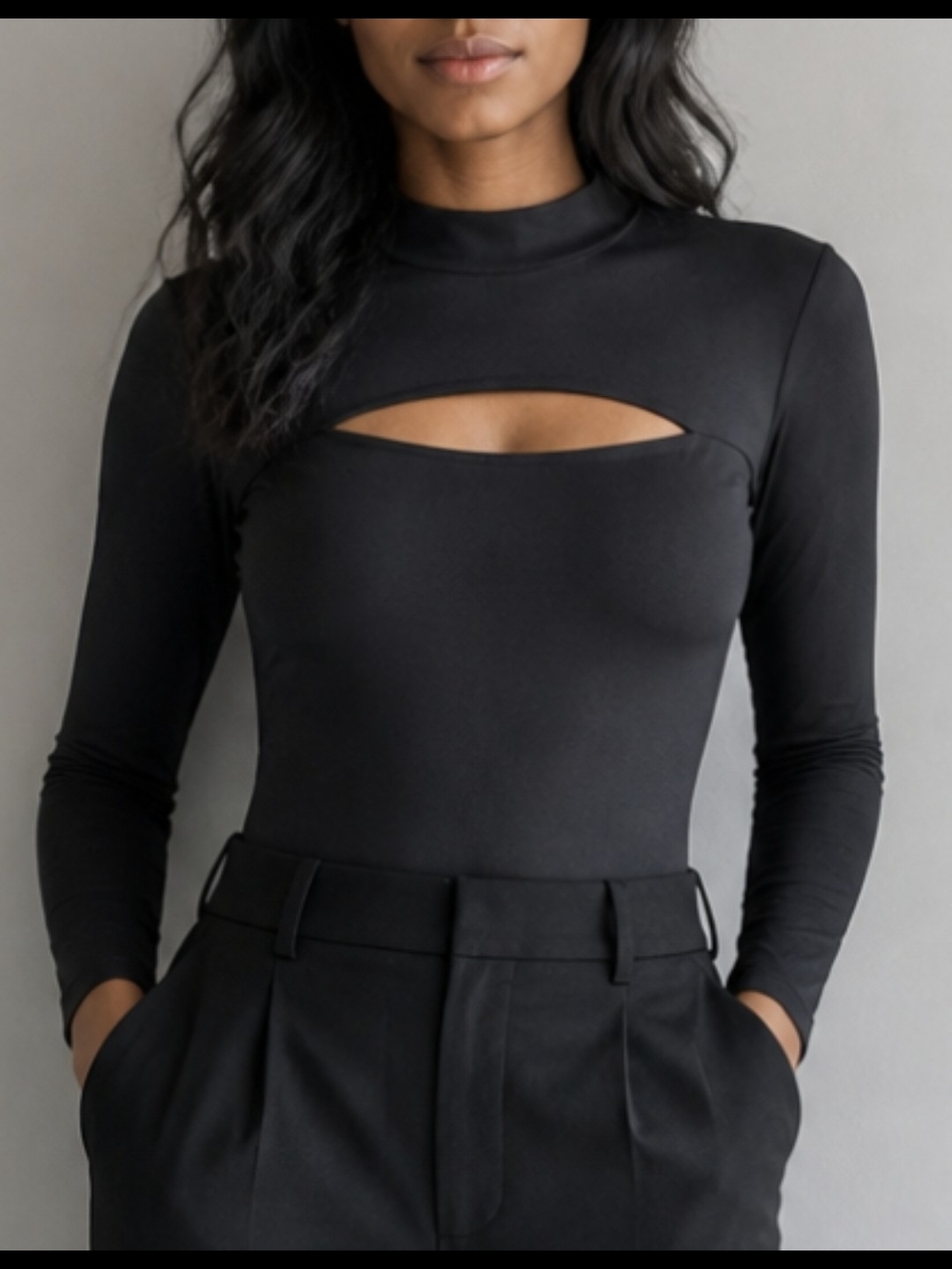 iris Black Long-Sleeve Bodysuit Cutout  Neck Top